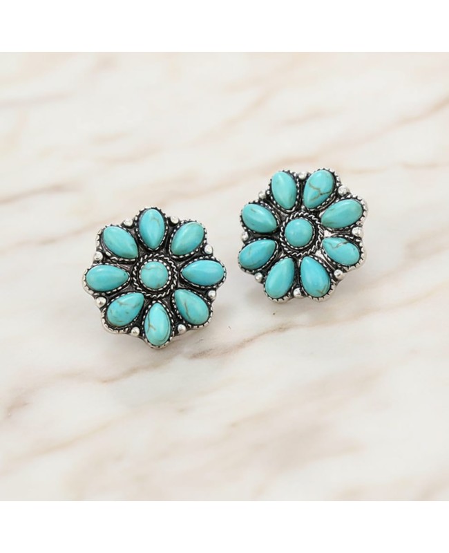 Turquoise and Silver Concho Stud Earrings - Lightweight Western Style Jewelry