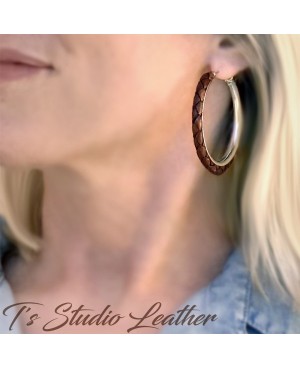 Whiskey Brown Braided Leather Earrings on Silver Hoops