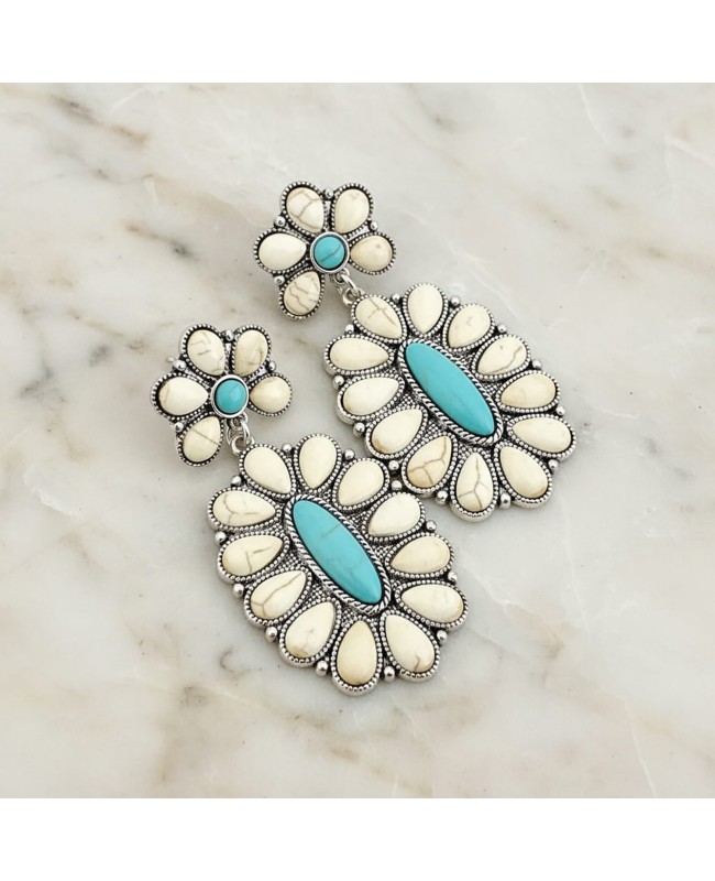 Western Turquoise and White Stone Concho Style Teardop Earrings