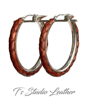 Whiskey Brown Braided Leather Earrings on Silver Hoops