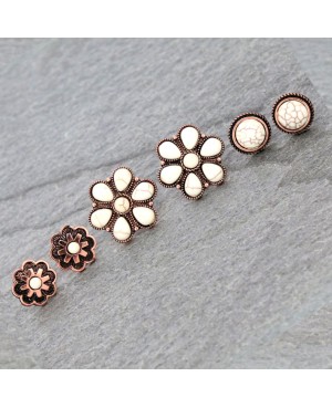 Ivory Stone Silver Set of 3 Concho Stud Earrings Western Style Jewelry