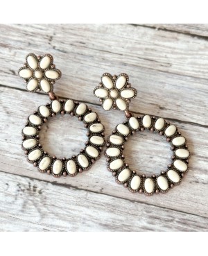 Antique Copper Ivory Stone Hoop Circle Earrings Western Style Jewelry