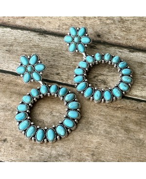 Turquoise and Silver Hoop Concho Circle Earrings - Lightweight Western Style Jewelry
