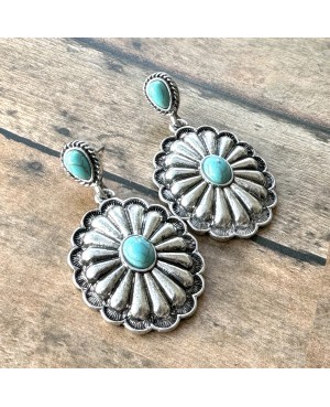 Turquoise and Silver Concho Earrings - Lightweight Western Style Jewelry