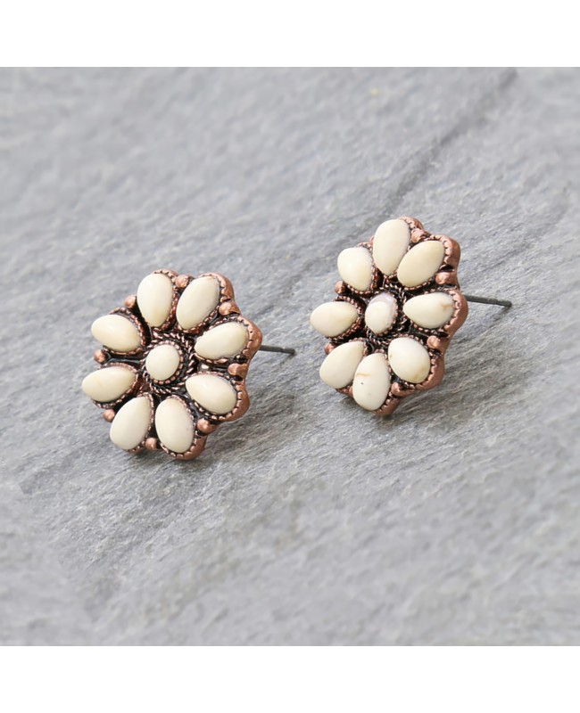 Ivory Stone and Silver Concho Stud Earrings - Lightweight Western Style Jewelry