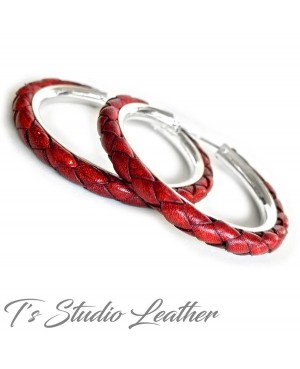 Red Braided Leather Earrings on Silver Hoops