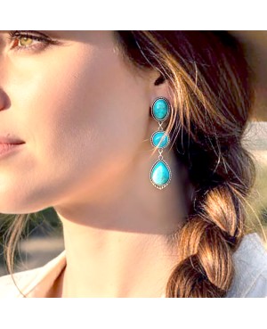 Turquoise Earrings Stone Drop Western Style in Antique Silver Setting