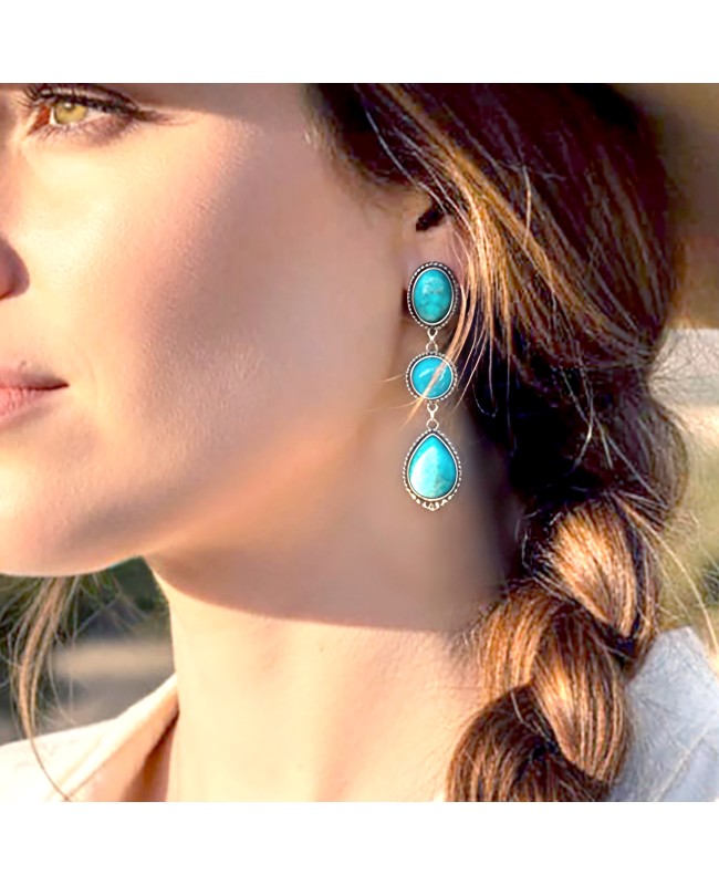 Turquoise Earrings Stone Drop Western Style in Antique Silver Setting