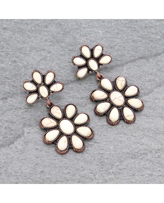 Antique Copper Ivory Stone Hoop Circle Earrings Western Style Jewelry