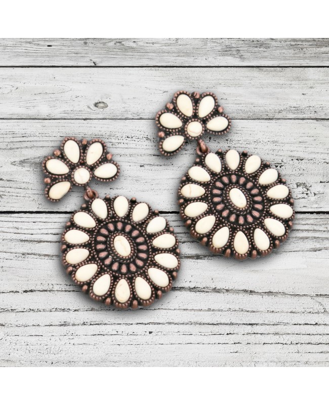 Antique Copper Ivory Stone Concho Style Earrings Western Style Jewelry
