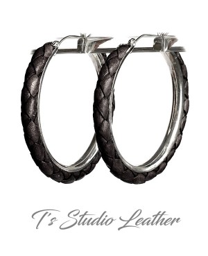 Red Braided Leather Earrings on Silver Hoops