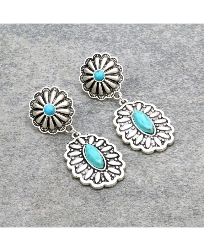 Turquoise and Silver Concho Earrings - Lightweight Western Style Jewelry