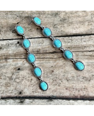 Long Dangling Western Style Turquoise Stone Earrings in Antique Silver