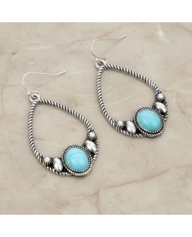 Turquoise and Silver Hoop Earrings Western Style Cowgirl Boho Jewelry