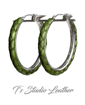 Green Braided Leather Earrings on Silver Hoops