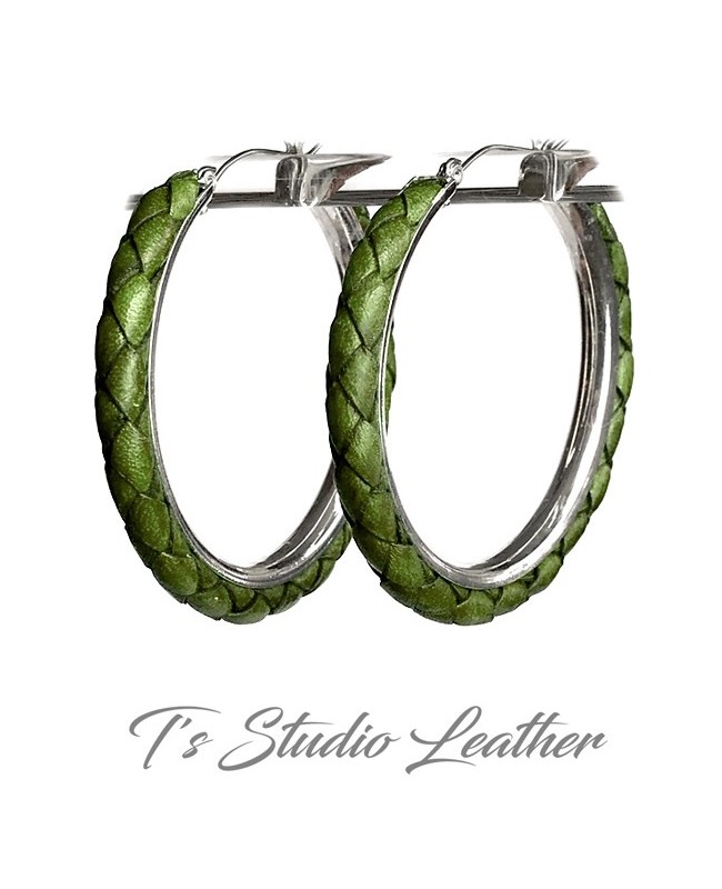 Green Braided Leather Earrings on Silver Hoops