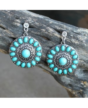 Western Style Silver Concho Earrings with Turquoise on Silver Base
