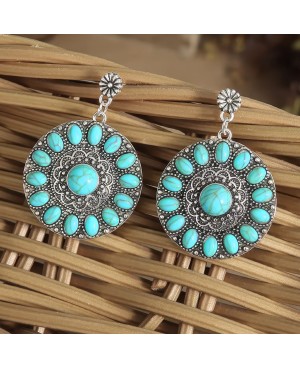 Western Style Silver Concho Earrings with Turquoise on Silver Base
