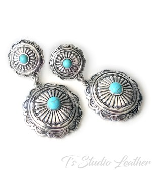 Western Silver Concho Earrings Turquoise Lightweight Cowgirl Rodeo
