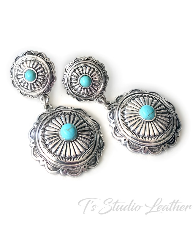 Western Silver Concho Earrings Turquoise Lightweight Cowgirl Rodeo