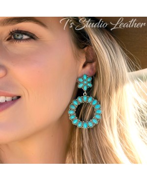 Turquoise and Silver Hoop Concho Circle Earrings - Lightweight Western Style Jewelry