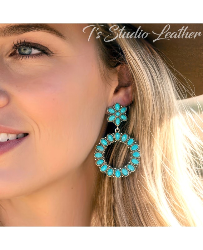 Turquoise and Silver Hoop Concho Circle Earrings - Lightweight Western Style Jewelry