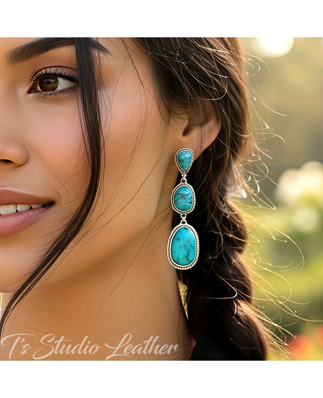 Long Dangling Western Style Turquoise Stone Earrings in Antique Silver