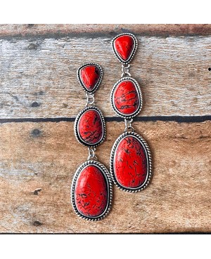 Long Western Style Red Stone Earrings in Antique Silver Settings