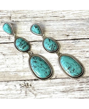 Long Dangling Western Style Turquoise Stone Earrings in Antique Silver
