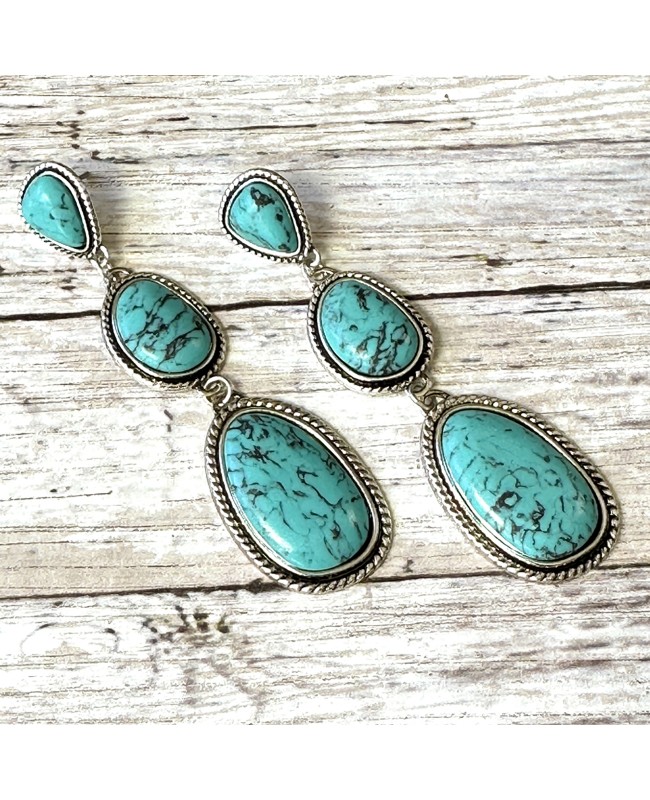 Long Dangling Western Style Turquoise Stone Earrings in Antique Silver