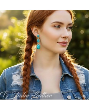 Long Dangling Western Style Turquoise Stone Earrings in Antique Silver