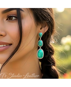 Long Western Style Green Turquoise Stone Earrings in Antique Silver