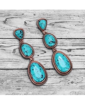 Long Western Style Turquoise Stone Earrings in Antique Copper