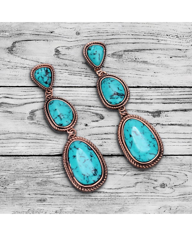 Long Western Style Turquoise Stone Earrings in Antique Copper