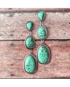 Long Western Style Green Turquoise Stone Earrings in Antique Silver