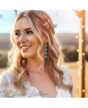 Rustic Country Wedding Jewelry Long Western Turquoise Silver Earrings