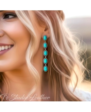 Long Dangling Western Style Turquoise Stone Earrings in Antique Silver