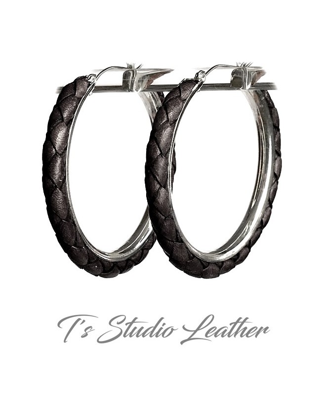 Black Braided Leather Earrings on Silver Hoops