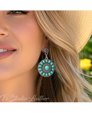 Western Style Silver Concho Earrings with Turquoise on Silver Base