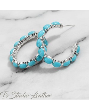 Turquoise and Silver Hoop Earrings - Rustic Country Wedding Jewelry