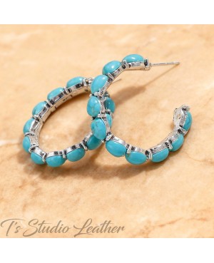 Turquoise and Silver Hoop Earrings - Rustic Country Wedding Jewelry