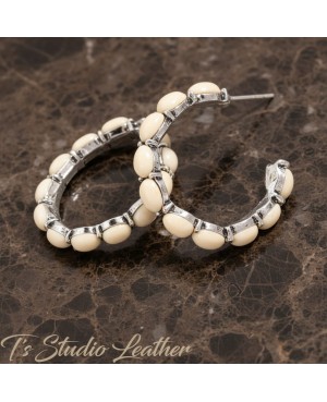 Ivory Stone and Silver Hoop Earrings - Rustic Country Wedding Jewelry