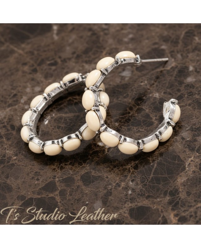 Ivory Stone and Silver Hoop Earrings - Rustic Country Wedding Jewelry