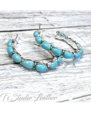 Turquoise and Silver Hoop Earrings - Rustic Country Wedding Jewelry