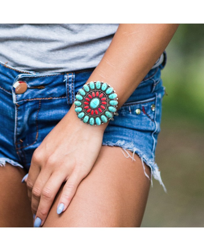 Western Red and Turquoise Concho Cuff Bracelet
