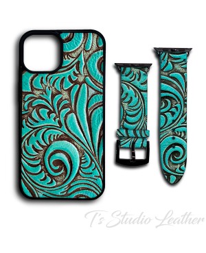Turquoise and Brown Genuine Leather Phone Case with Apple Watch band