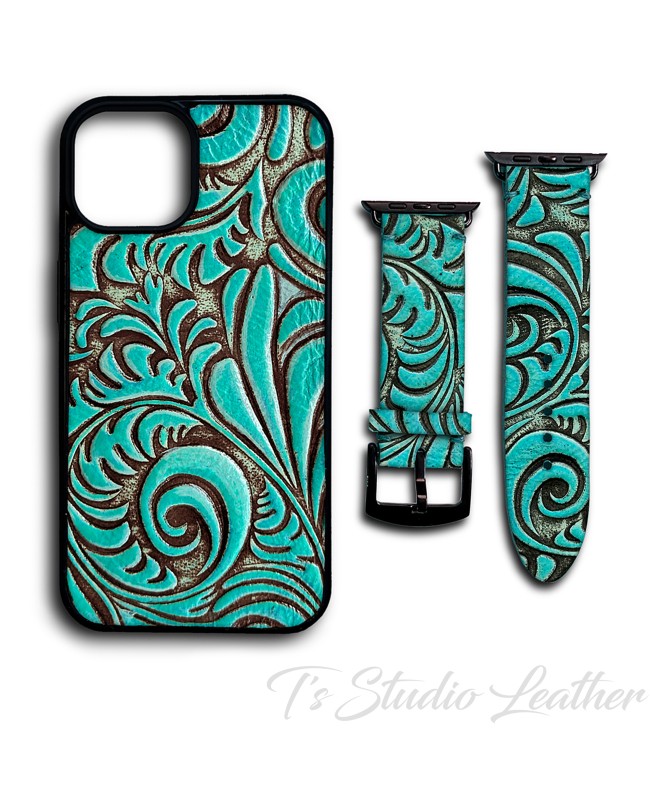Turquoise and Brown Genuine Leather Phone Case with Apple Watch band