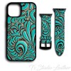 Turquoise and Brown Genuine Leather Phone Case with Apple Watch band