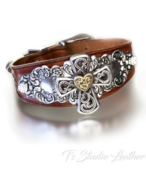 Brown Genuine Cowhide Leather Cuff Bracelet Wristband with Silver Cross Concho and Western Buckle Boho Chic Style Jewelry