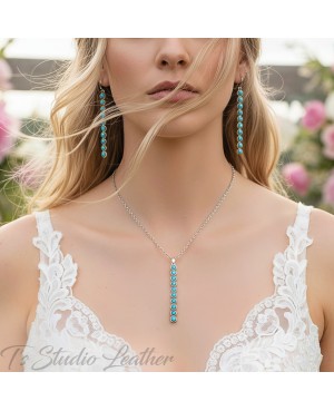 Western Country Bar Drop Turquoise Silver Necklace and Earrings Set